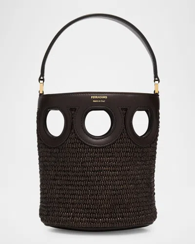 Ferragamo Cutout Raffia Bucket Bag In Brown
