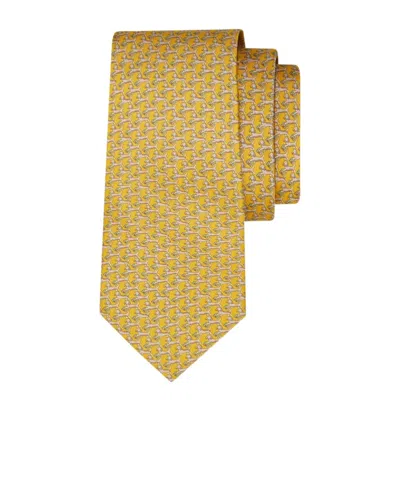 Ferragamo Printed Silk Tie With Dogs And Gancios In Yellow