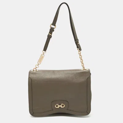 Pre-owned Ferragamo Dark Beige Leather Gancini Flap Shoulder Bag In Sand
