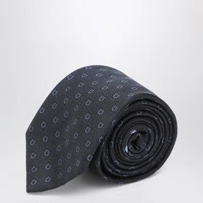 Ferragamo Dark Blue Gancini Silk Jacquard Tie
