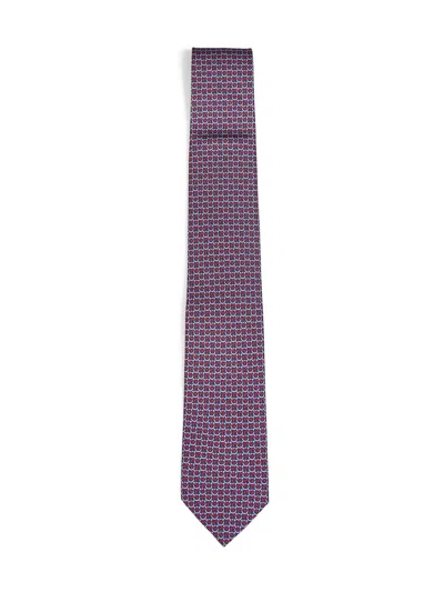 Ferragamo Dark Blue Gancini Silk Twill Cerchio Tie In Multi