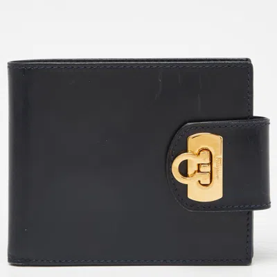 Pre-owned Ferragamo Dark Blue Leather Gancini Flap Compact Wallet