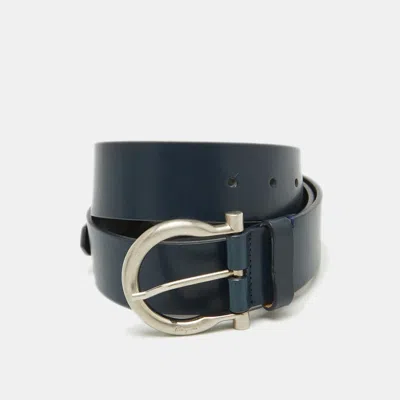 Pre-owned Ferragamo Dark Blue Leather Gancio Buckle Belt 85cm