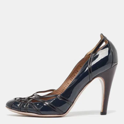 Ferragamo Dark Blue/black Patent Leather Strappy Pumps