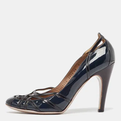 Pre-owned Ferragamo Dark Blue/black Patent Leather Strappy Pumps Size 40.5