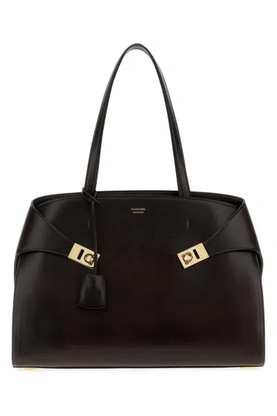Ferragamo Dark Brown Hug Shopping Bag In Black