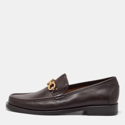 Pre-owned Ferragamo Dark Brown Leather Gancini Slip On Loafers Size 41.5