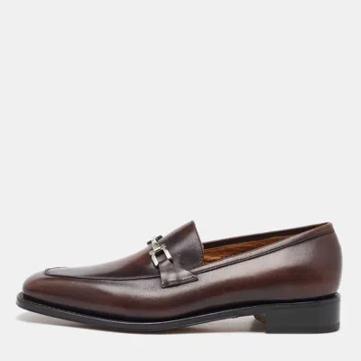Pre-owned Ferragamo Dark Brown Leather Gancini Slip On Loafers Size 41.5