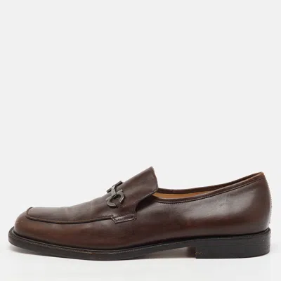 Pre-owned Ferragamo Dark Brown Leather Gancini Slip On Loafers Size 46