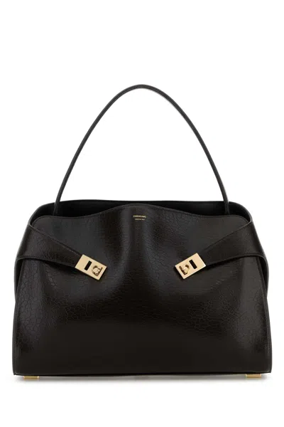 Ferragamo Dark Brown Leather Large Hug Soft Shoulder Bag In Black