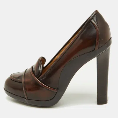 Pre-owned Ferragamo Dark Brown Leather Loafer Platform Pumps Size 36.5