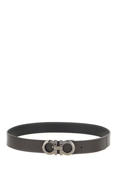 Ferragamo Dark Brown Leather Reversible Belt In Black