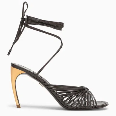 Ferragamo Dark Brown Leather Sandal With Golden Heel For Women