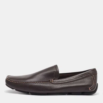 Pre-owned Ferragamo Dark Brown Leather Slip On Loafers Size 41.5