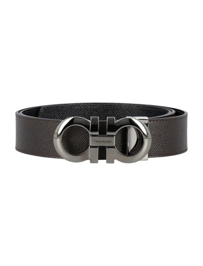 FERRAGAMO DARK BROWN LOGO BUCKLE REVERSIBLE BELT