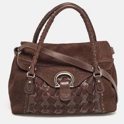 Pre-owned Ferragamo Dark Brown Nubuck And Leather Woven Gancini Flap Satchel