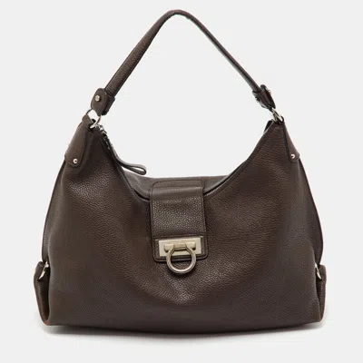 Pre-owned Ferragamo Dark Brown Pebbled Leather Fanisa Hobo