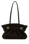 Ferragamo Suede Pleated Shoulder Bag With Metal Hardware