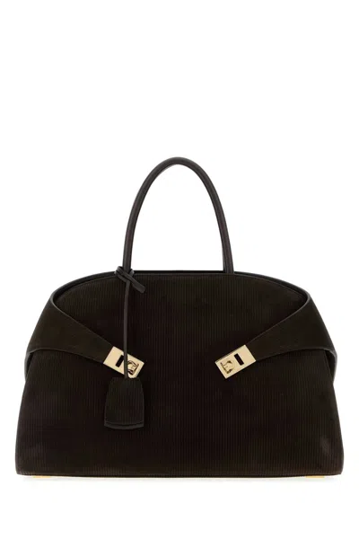Ferragamo Dark Brown Suede Medium Hug Handbag In Blue