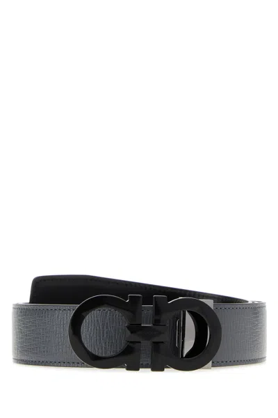 Ferragamo Dark Grey Leather Reversible Belt In Gray
