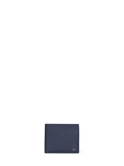 Ferragamo Dark Navy Blue Hammered Calfskin Gancini Wallet