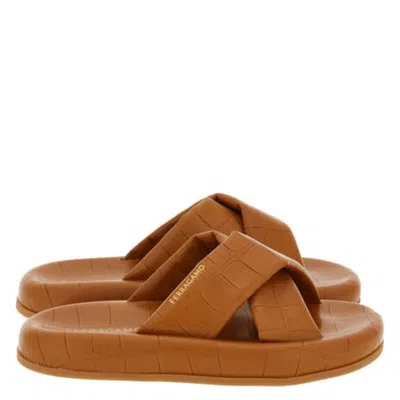 Ferragamo Dasie Croc-embossed Cross-strap Slide Sandals In Brown