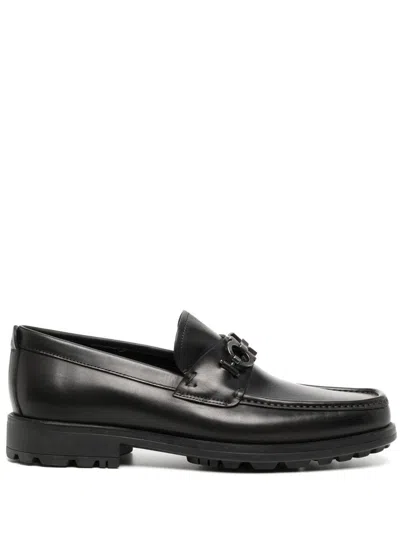 Ferragamo David Black Loafers Wirh Gancini Details In Leather Man
