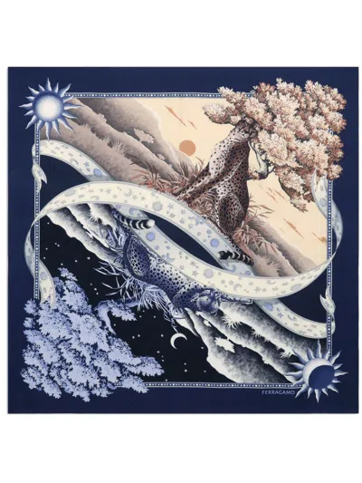 Ferragamo Day & Night Print Silk Scarf In Blue