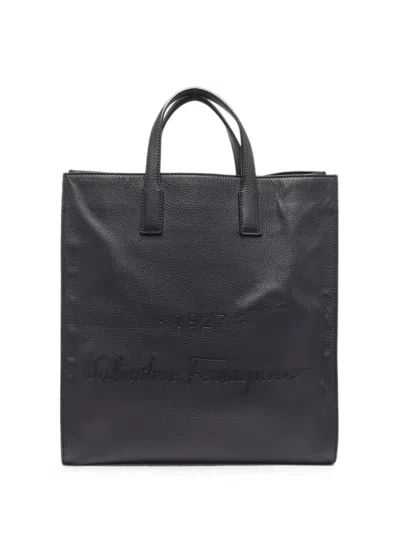 Pre-owned Ferragamo Debossed-logo Leather Tote Bag In Black