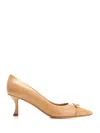 Ferragamo Bria Embellished Patent-leather Trimmed Smooth Leather Pumps In Beige