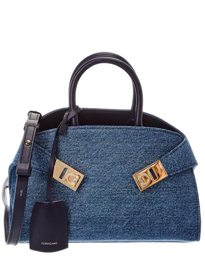 Ferragamo Demin & Leather Clutch In Blue