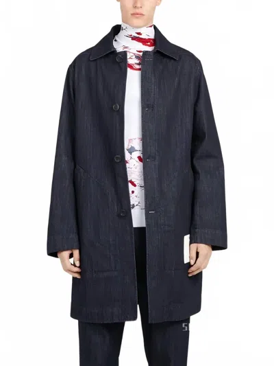 Ferragamo Denim Buttoned Coat In Blue In Black
