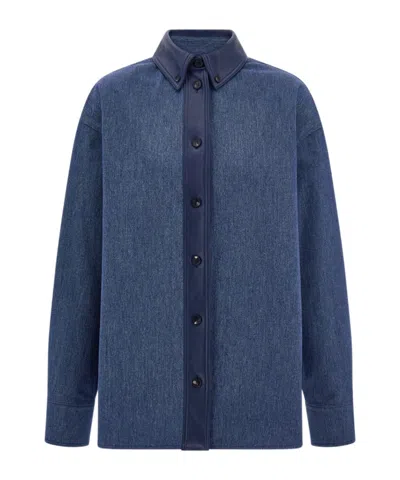 Ferragamo Leather-trim Denim Shirt In Blue