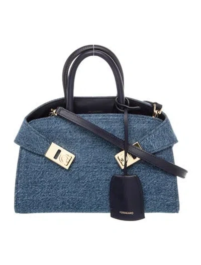 Pre-owned Ferragamo Denim Top Handle Bag In Blue