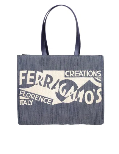Ferragamo Denim Tote Bag In Dark Wash