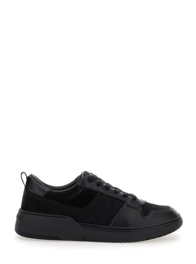 Ferragamo Black Low Top Sneakers With Intarsia And Tonal Plaque In Fabric And Leather Man