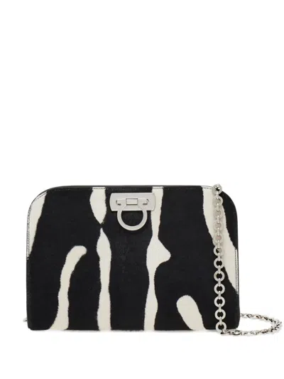 Ferragamo Calf Hair Clutch Zebra Chain Strap In Black