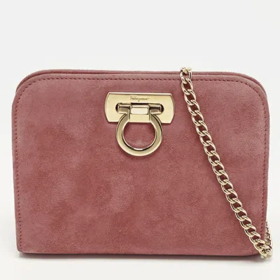 Pre-owned Ferragamo Diana Pink Suede Chain Clutch