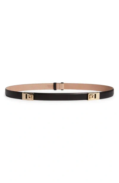 Ferragamo Double Gancini Leather Belt In Nero Naturale Bei