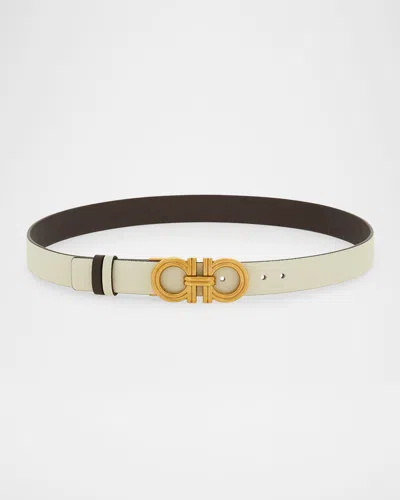 Ferragamo Donna Reversible Leather Double Gancini Belt In White