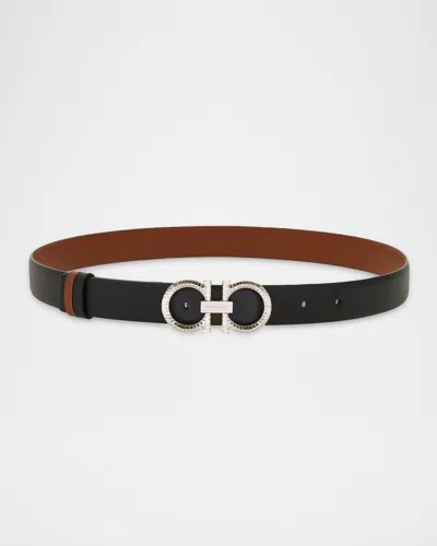 Ferragamo Donna Reversible Leather Double Gancini Belt In Nero