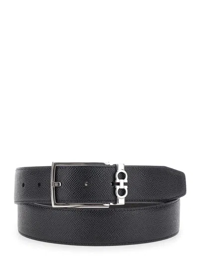 FERRAGAMO BLACK REVERSIBLE BELT WITH GANCINI BUCKLE BELT IN GRAINED LEATHER MAN