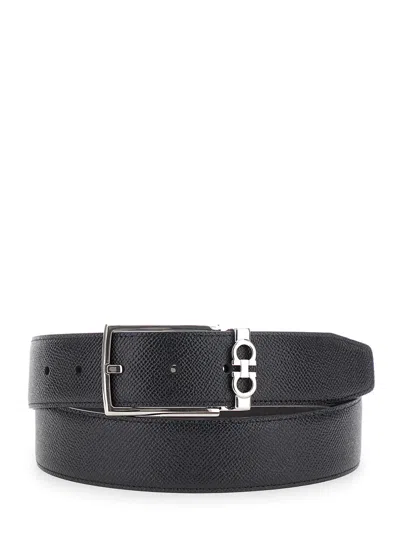 FERRAGAMO FERRAGAMO MEN BLACK REVERSIBLE BELT WITH GANCINI BUCKLE BELT IN GRAINED LEATHER MAN
