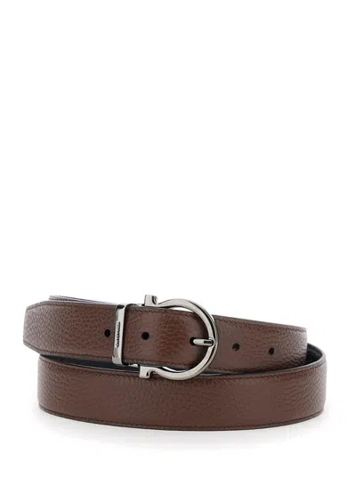 FERRAGAMO BROWN REVERSIBLE BELT WITH GANCINI BUCKLE AND METALLIC LOOP WITH LOGO LETTERING IN GRAINED LEATHER M
