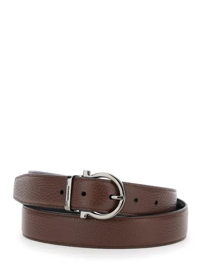 FERRAGAMO BROWN REVERSIBLE BELT WITH GANCINI BUCKLE AND METALLIC LOOP WITH LOGO LETTERING IN GRAINED LEATHER M