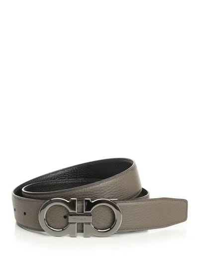 Ferragamo Double Adjus Classic Gancino Buckle Belts Grey In Gray
