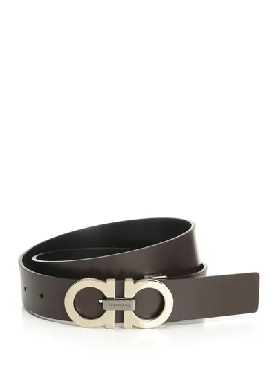 Ferragamo Double Adjus Reversible Double Gancino Gold Buckle Belts Brown
