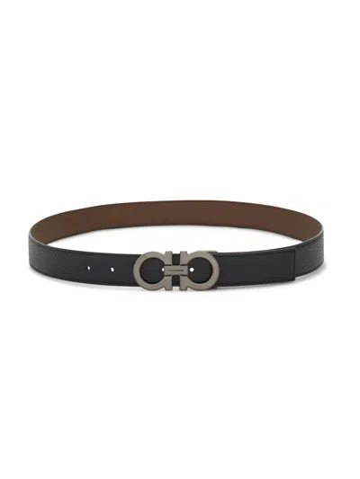 Ferragamo Double Adjustable Calf Leather Belt With Metallic Buckle In Black