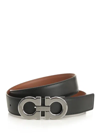 Ferragamo Double Adjustable Leather Belt Classic Double Gancio Buckle Belts Black