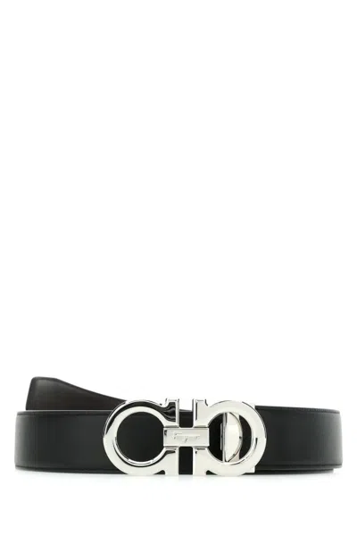 Ferragamo Double Adjustment Black Leather Belt With Polished Buckle